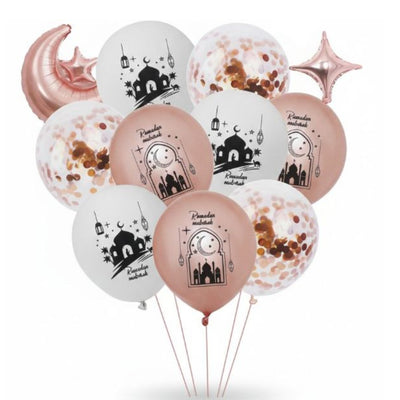 Ramadan Mubarak Balloon Decoration Set - Rose Gold & White - 11 Pcs