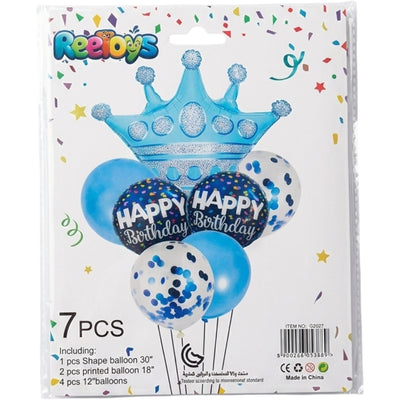 Happy Birthday Party Decoration Balloons And Crown Shape Foil Balloon - Kit 7Pcs - Blue