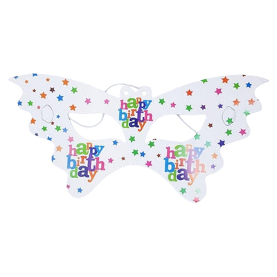 Happy Birthday Star Themed Butterfly Shape Party Eye Mask - White Colour - Pack Of 6 Pcs