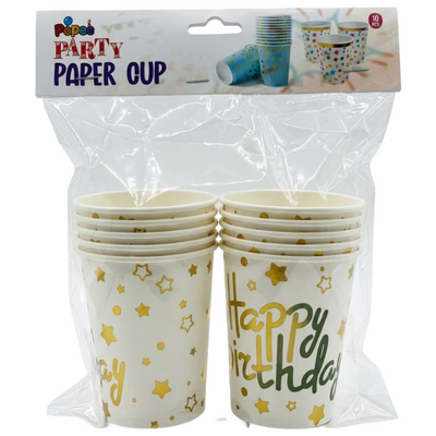 Happy Birthday Themed Party Paper Cups - Disposable - White And Gold (Pack Of 10Pcs)