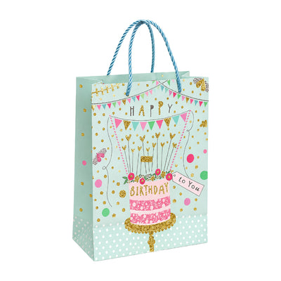 Happy Birthday Cake Theme Gift Bag - Mint Green - 18X24X8Cm