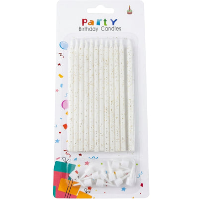 Happy Birthday Party Candle 12Pcs - White Glitter