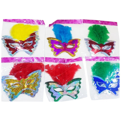 Party Celebration Glitter Feather Eye Mask - Assorted Colours - Pack Of 6 Pcs ( 1 Pack Only )