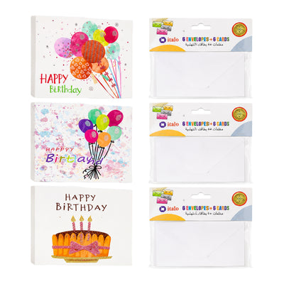 Happy Birthday Gift Card With Envelope - Assorted - Pack Of 6 Pcs