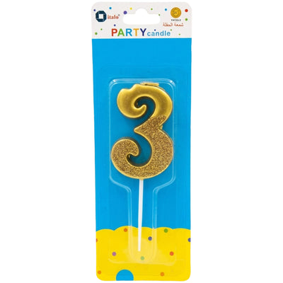 Party Decoration 3 Number Metallic Candle - Gold Glitter