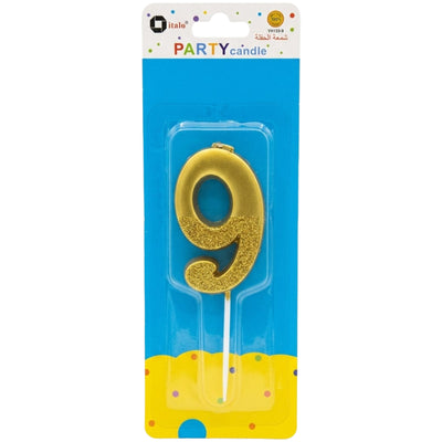 Party Decoration 9 Number Metallic Candle - Gold Glitter