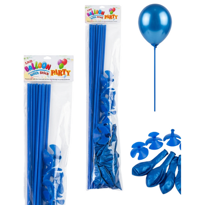 Party Decoration Balloon With Stick - Metallic Blue Colour - 12Pcs Set