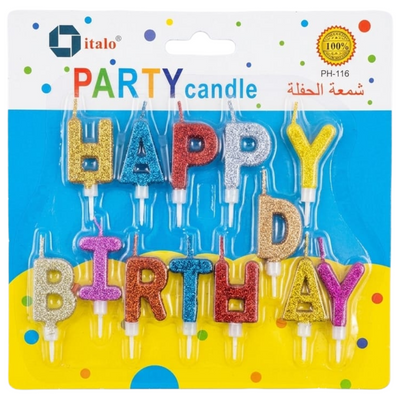 Happy Birthday Letter Candle - Assorted Colours With Glitter