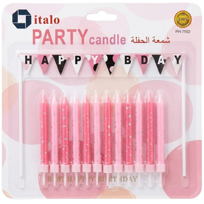 Party Celebration Candle With Happy Birthday Topper - Red And Pink Glitters - Pack Of 12 Pcs