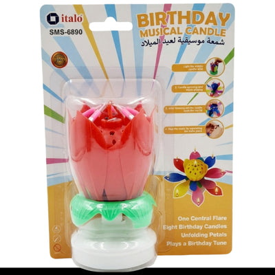 Birthday Music Candle Rotating Lotus Style - Red Colour
