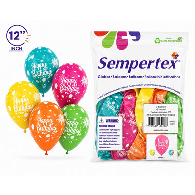 Sempertex Happy Birthday Printed Latex Balloons - Assorted - Pack Of 12 - 12 Inch (Uninflated)