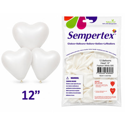 Sempertex Heart Shape Latex Balloons - White - Pack Of 12 - 12 Inch (Uninflated)