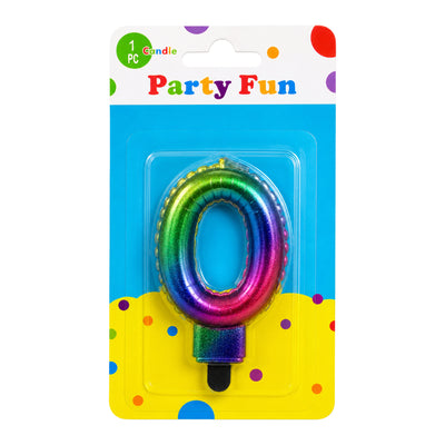 Number 0 Birthday Rainbow Metallic Party Fun Cake Topper Candle - Multi Colour