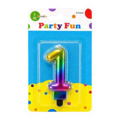 Number 1 Birthday Rainbow Metallic Party Fun Cake Topper Candle - Multi Colour