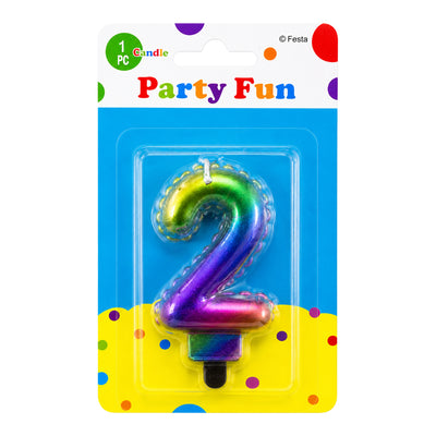 Number 2 Birthday Rainbow Metallic Party Fun Cake Topper Candle - Multi Colour