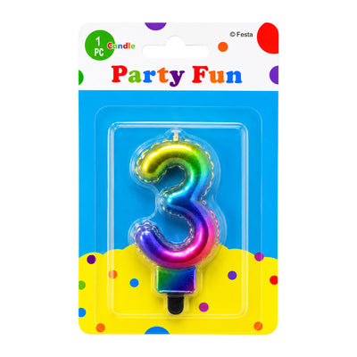 Number 3 Birthday Rainbow Metallic Party Fun Cake Topper Candle - Multi Colour