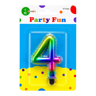 Number 4 Birthday Rainbow Metallic Party Fun Cake Topper Candle - Multi Colour