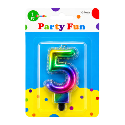 Number 5 Birthday Rainbow Metallic Party Fun Cake Topper Candle - Multi Colour