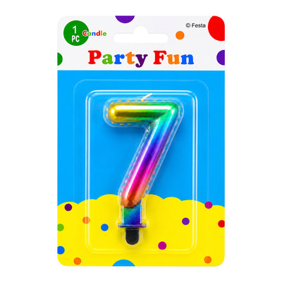 Number 7 Birthday Rainbow Metallic Party Fun Cake Topper Candle - Multi Colour