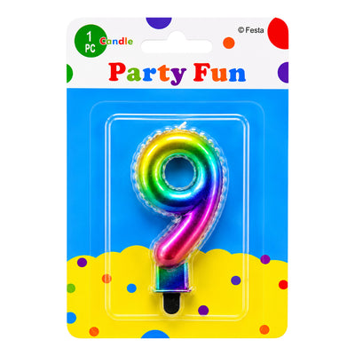 Number 9 Birthday Rainbow Metallic Party Fun Cake Topper Candle - Multi Colour