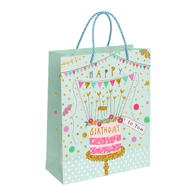 Happy Birthday Cake Theme Gift Bag - Mint Green - 26X32X10 Cm