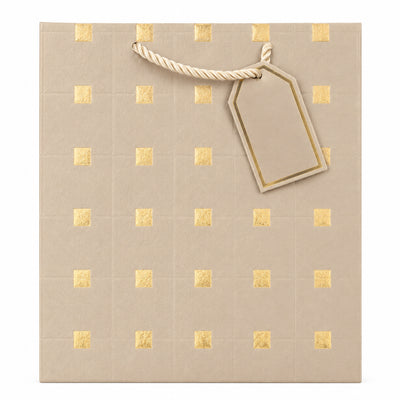 Square Gold Embossed Gloss Gift Bag With Gift Tag - Brown - 26X32X12 Cm