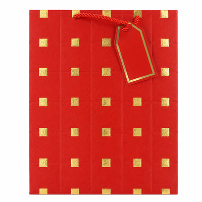 Square Gold Embossed Gloss Gift Bag With Gift Tag - Red - 26X32X12 Cm