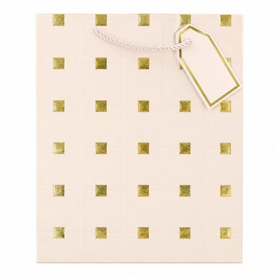 Square Gold Embossed Gloss Gift Bag With Gift Tag - Pink - 26X32X12 Cm