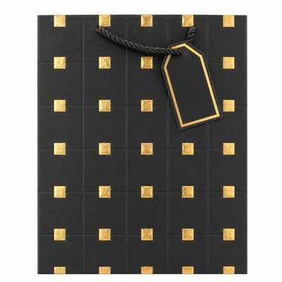 Square Gold Embossed Gloss Gift Bag With Gift Tag - Black - 26X32X12 Cm
