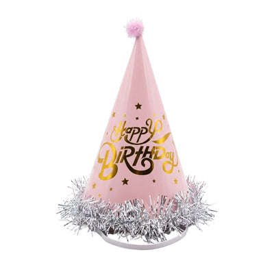 Happy Birthday Party Hat - Decorative Cone Cap - Light Pink - 25 Cm