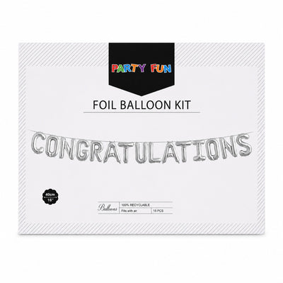 Congratulations Letter Foil Banner Balloon Set - Silver -16 Inch (Uninflated)