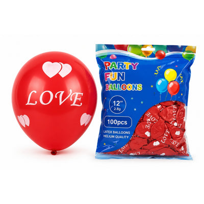 Love Printed Latex Balloons - Red - Pack Of 100 - 12 Inch (Uninflated)