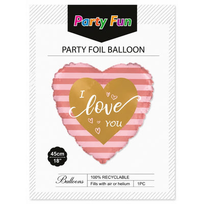 I Love You Heart Shape Pink Striped Foil Balloon - 18 Inch (Uninflated)