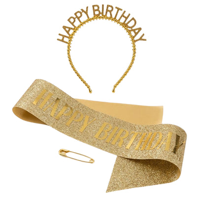 Happy Birthday Head Band And Sash Set - Gold
