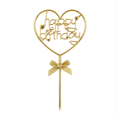 Happy Birthday Heart Shape Cake Topper - Gold