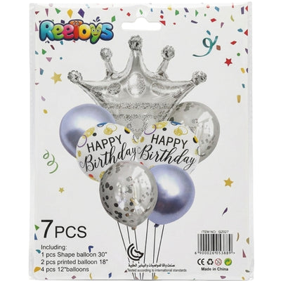 Happy Birthday Party Decoration Balloons And Crown Shape Foil Balloon - Kit 7Pcs - Silver
