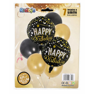 Happy Birthday Party Decoration Balloons And Foil Balloon - Kit 7Pcs - Gold And Black Colour