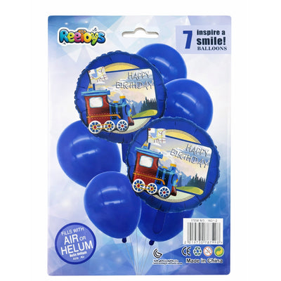 Happy Birthday Party Decoration Balloons And Foil Balloon -Train Printed - Kit 7Pcs - Blue Colour