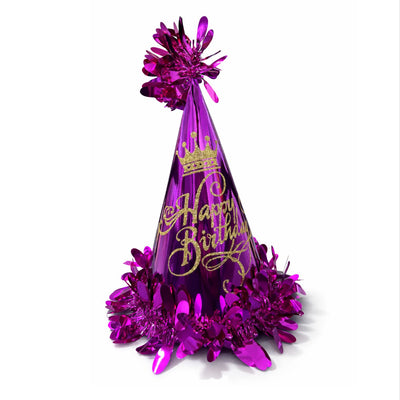 Happy Birthday Print And Gold Crown Design Party Hats - Purple Colour - 25Cm