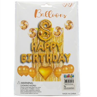 8Th Happy Birthday Party Decoration Set - Gold Colour - (Uninflated)