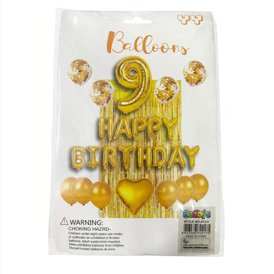 9Th Happy Birthday Party Decoration Set - Gold Colour - (Uninflated)