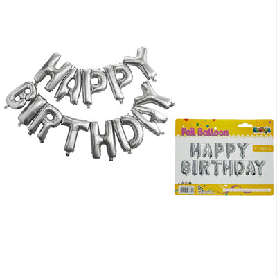 Happy Birthday Decoration Banner Foil Balloon - Letter Set - Silver Colour - (Uninflated)