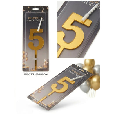 Cake Decoration 5 Number Topper With Candle - Gold Colour