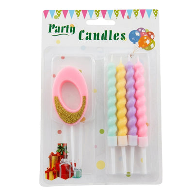 Party Decorz 0 Number Candle With Pastel Twisted Candle - 5Pcs Set - Pink Glitter
