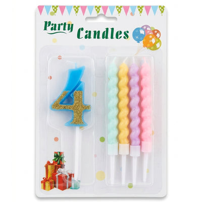 Party Decorz 4 Number Candle With Pastel Twisted Candle - 5Pcs Set - Blue Glitter
