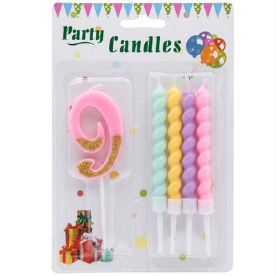 Party Decorz 9 Number Candle With Pastel Twisted Candle - 5Pcs Set - Pink Glitter