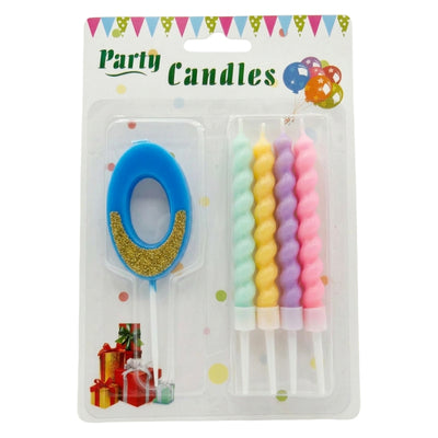 Party Decoration 0 Number Candle With Pastel Twisted Candle - 5Pcs Set - Blue Glitter