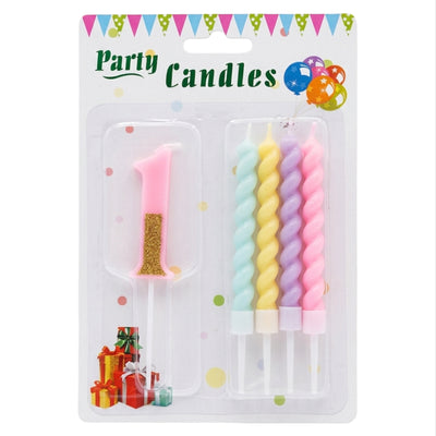 Party Decoration 1 Number Candle With Pastel Twisted Candle - 5Pcs Set - Pink Glitter