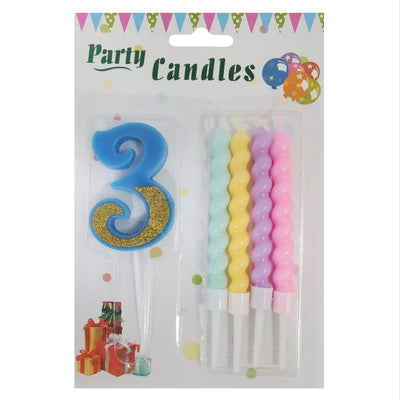 Party Decoration 3 Number Candle With Pastel Twisted Candle - 5Pcs Set - Blue Glitter
