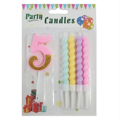 Party Decoration 5 Number Candle With Pastel Twisted Candle - 5Pcs Set - Pink Glitter